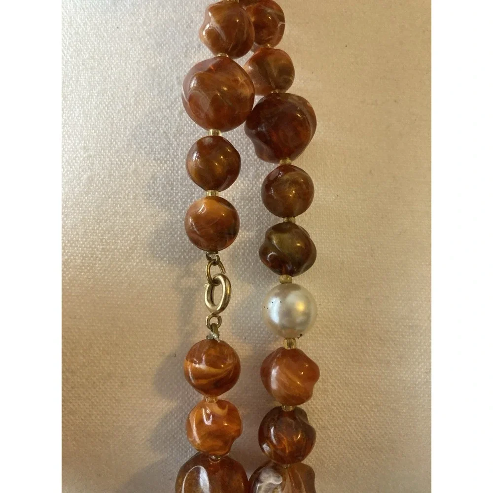 Vintage Double Strand Necklace‎ In Earthy Brown Nugget Bead Faux Pearl Gold Tone